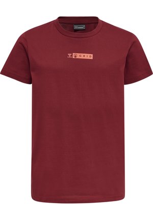 Bordeaux katoenen t-shirt met een klein oranje "GRID" logo op de borst, korte mouwen en een klassiek ronde hals ontwerp.