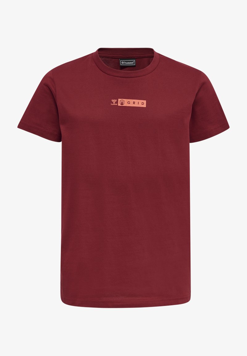 Bordeaux katoenen t-shirt met een klein oranje "GRID" logo op de borst, korte mouwen en een klassiek ronde hals ontwerp.