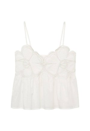 White camisole with floral lace detailing at the top, thin straps, and a loose-fitting, pleated lower section.