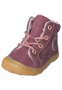 Stivaletto alla caviglia in pelle viola con fodera in pelliccia sintetica, lacci rosa e occhielli in metallo dorato. Suola in gomma con dettagli di cucitura. Design a punta rotonda.
