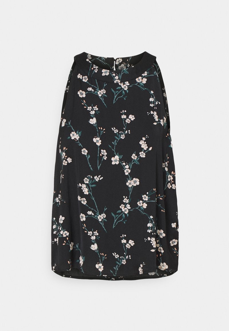Blouse noire sans manches avec imprimé floral blanc et rose clair et encolure arrondie.