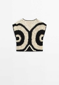 Crochettipaita, jossa on musta ja beige pyöreä kuvio, laaja ja rento malli sekä V-pääntie, valmistettu tekstuurista langasta.