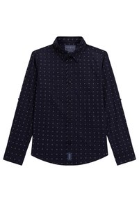 Marineblauw overhemd met knopen en een roosterpatroon van kleine witte vierkantjes. Het heeft een kraag, lange mouwen en een Guess-merklabel aan de zoom.