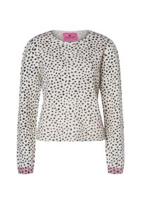 Strickpullover in Weiß mit schwarzem Punktmuster. Runde Ausschnittlinie, lange Ärmel, gerippte Bündchen in Pink. Etikett sichtbar am Kragen.