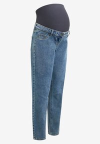 Jeans de maternidad de denimb azul, con una cinturilla ajustada y elástica, piernas rectas y diseño tradicional de cinco bolsillos.