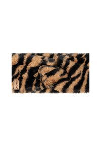 Nepvacht hoofdband met een tijgerprint in beige en zwart, met een gedraaide vormgeving en een klein logo-label aan de zijkant.