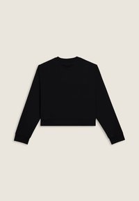 Felpa nera corta con maniche lunghe, scollatura rotonda e polsini a costine. Tessuto liscio senza loghi o motivi visibili.