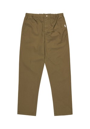 Olivgrüne Baumwollhosen mit lockerer Passform, schmal zulaufenden Beinen, Fronttaschen und einem Knopfverschluss am Bund. Einfaches Design.