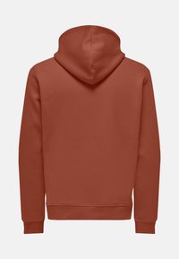 Rot-orange Kapuzenpulli aus weichem Baumwollstoff. Mit einer großen Kapuze, langen Ärmeln, gerippten Bündchen und einem geraden Saum. Keine sichtbaren Details vorne.