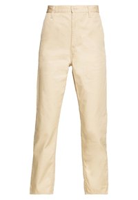 Beige cotton trousers with a straight-leg design, featuring a front zipper and button closure, flat front, and no visible patterns.