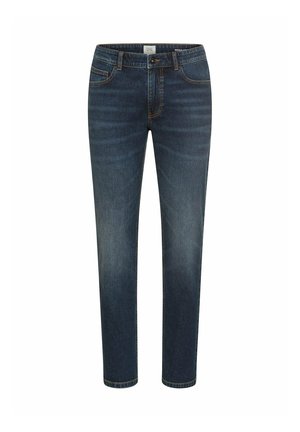 Mørkeblå denim jeans med regular fit, som har fem lommer, bæltestropper og en subtil slidseffekt på forsiden.