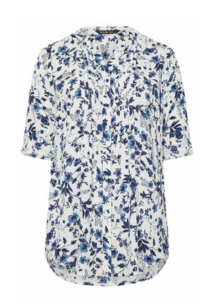 Hvid bluse med korte ærmer, blå blomsterprint, knapper foran og en afslappet pasform.