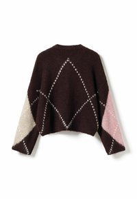 Pleteni skraćeni pulover u tamnosmeđoj boji s dijamantnim uzorcima. Ima svetlosive i ružičaste naglaske na rukavima i teksturiranu završnu obradu.
