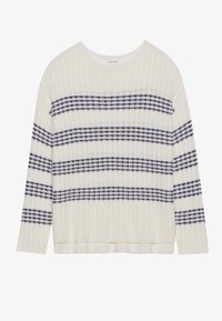 Maglione color crema con texture a costine, caratterizzato da righe orizzontali blu navy. Scollo tondo e maniche lunghe. Vestibilità casual.