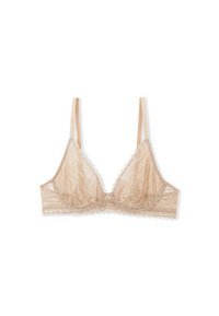 Spitzen-Bralette in Nude mit verstellbaren Trägern, gezackten Kanten und floralen Musterdetails. Weiche Textur mit zartem Design.