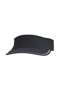 Cappello con visiera nera realizzato in materiale flessibile, con un'ampia visiera curva e linee di accento bianche in contrasto lungo i bordi.