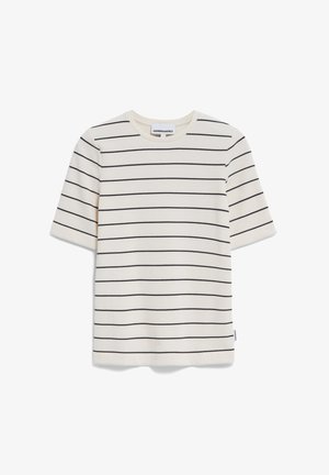 T-shirt a righe con maniche corte in crema con strisce orizzontali blu scuro, caratterizzato da un collo rotondo e una piccola etichetta del marchio sul lato.