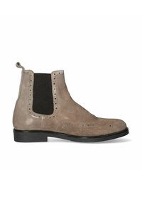 Stivale Chelsea in suede beige con pannelli elastici neri, dettagli brogue e una sottile suola nera. Presenta un'etichetta sul retro.