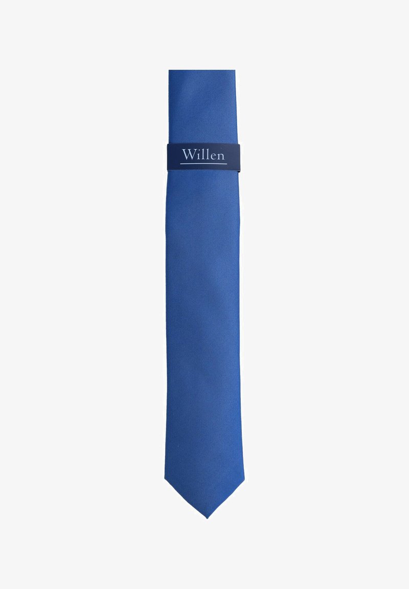 Blue necktie made of smooth fabric with a pointed tip. Features a dark band near the top displaying the brand "Willen."