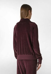 Giacca in velluto bordeaux con colletto chiuso, polsini e orlo a costine; texture morbida e design aderente, che mostra la vista posteriore.