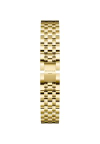 Pulsera de reloj de metal en tono dorado con un diseño de eslabones, que presenta una textura suave y un cierre en el centro que muestra "ROSEFIELD AM8NYC."