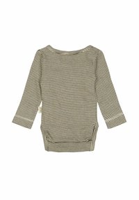 Dugou rukav bodysuit u bež boji s tankim crnim prugama, ima okrugli izrez i kopčanje na dnu. Mekani, rastezljivi materijal.
