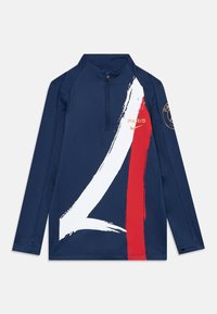 Navy pitkähihainen urheiluprintti, jossa on neljännesvetoketju, rohkea punavalkoinen siveltimen veto -design sekä "Paris"- ja Nike-logot kullassa.
