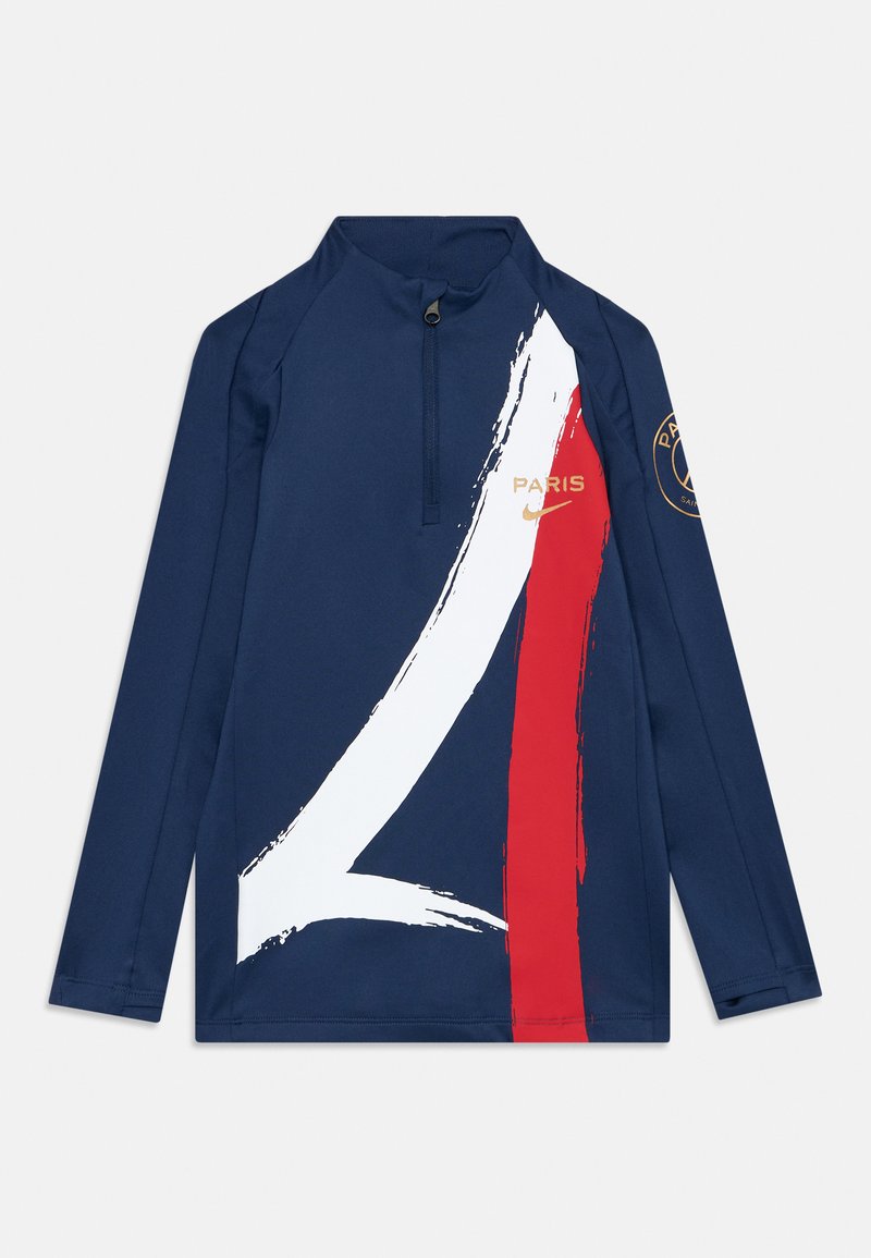 Navy pitkähihainen urheiluprintti, jossa on neljännesvetoketju, rohkea punavalkoinen siveltimen veto -design sekä "Paris"- ja Nike-logot kullassa.