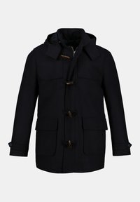 Dunkelblauer Dufflecoat aus dickem Stoff, mit Kapuze, aufgesetzten Taschen, Knopfverschlüssen und Knopfdetails an den Ärmeln.