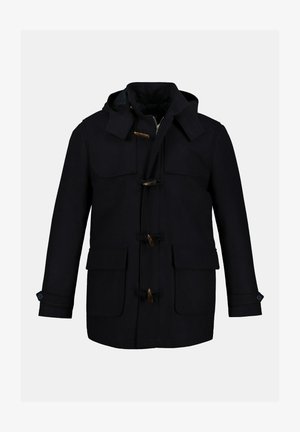 Dunkelblauer Dufflecoat aus dickem Stoff, mit Kapuze, aufgesetzten Taschen, Knopfverschlüssen und Knopfdetails an den Ärmeln.
