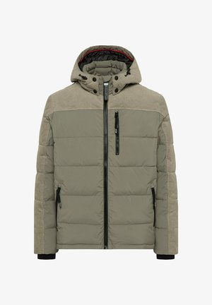 Padded jacket in muted green with a zip closure, contrasting beige shoulder panels, black accents, and a removable hood. Features side pockets.