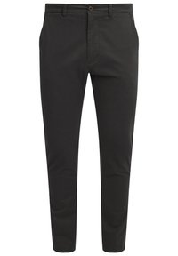 Zwarte katoenen chino's met een slim fit, knoopsluiting en zijzakken. Gladde textuur met minimale stikseldetails.