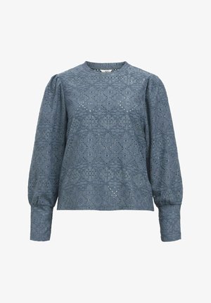 Modrý, strukturovaný top s dlouhým rukávem a kulatým výstřihem, s vzorovaným designem z očkových ok a nařasenými balónovými rukávy na ramenou.