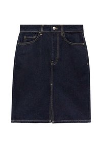 Jupe en denim bleu foncé avec poches avant, passants de ceinture, fermeture par boutons et détail de couture centrale.