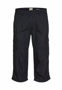 Black cargo shorts featuring multiple side pockets, straight-cut legs, and a button closure, made from lightweight fabric with a smooth texture.