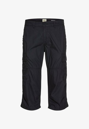 Schwarze Cargo-Shorts mit mehreren Seitentaschen, geradem Beinverlauf und Knopfverschluss, aus leichtem Stoff mit glatter Textur.