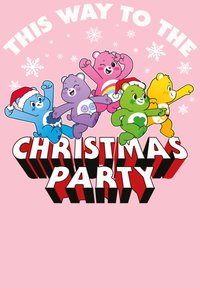 Barevní medvědi v slavnostních kostýmech s textem "TADY JDETE NA VÁNOČNÍ PARTY" tučně napsaným červenou a bílou barvou na růžovém pozadí.