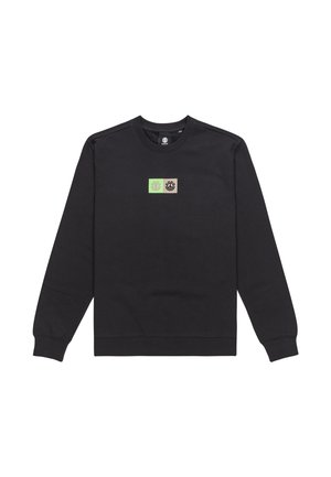 Black sweatshirt made of cotton with crew neck. Features two square logos: a green one with a circular design and a beige one with a similar motif.