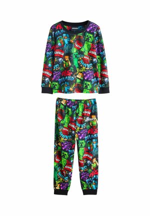 Zweiteiliges Kinder-Pyjama-Set mit bunten Minecraft-Figuren, TNT-Blöcken und Wörtern wie "Boom" und "Diamond" auf schwarzem Hintergrund.