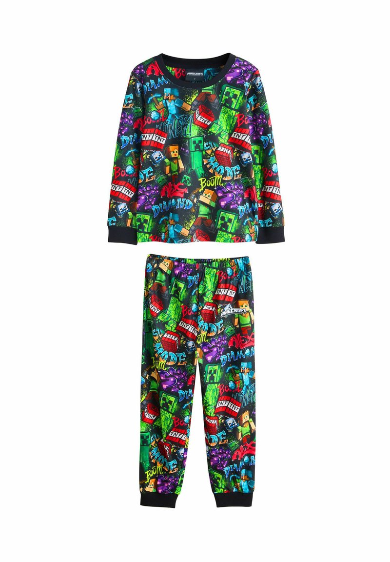 Children's two-piece pajama set with colorful Minecraft characters, TNT blocks, and words like "Boom" and "Diamond" on black background.