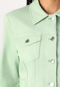 Mint-vihreä farkkutakki, jossa on hopeanvärisiä neppareita, Kanadan hanhi -tyyliset rintataskut ja klassinen kaulus. Tasainen pinta ja slim fit -muotoilu.