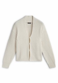 Cardigan en maille épaisse couleur crème avec manches longues, texture côtelée et décolleté en V profond avec fermeture à boutons.