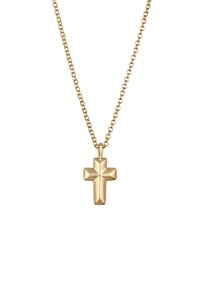 Guld kors hänge på en tunn kedja, med en slät, polerad yta och geometriska fasetter samt en enkel ögla för fäste.