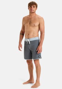 Gray swim trunks with a light gray waistband, drawstring closure, logo patch, and contrasting white stitching. Worn by a male model.