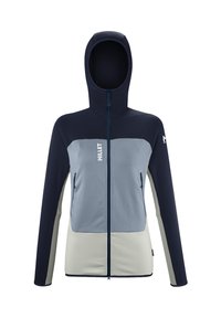 Hooded full-zip jacket with navy, light gray, and beige panels, front zippered pockets, and Millet logo on chest and left sleeve.