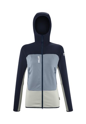 Kapturowana kurtka z pełnym zamkiem błyskawicznym w granatowe, jasnoszare i beżowe panele, z przednimi kieszeniami na zamek błyskawiczny oraz logo Millet na klatce piersiowej i lewym rękawie.