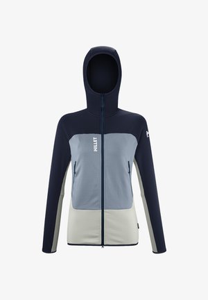 Kapturowana kurtka z pełnym zamkiem błyskawicznym w granatowe, jasnoszare i beżowe panele, z przednimi kieszeniami na zamek błyskawiczny oraz logo Millet na klatce piersiowej i lewym rękawie.