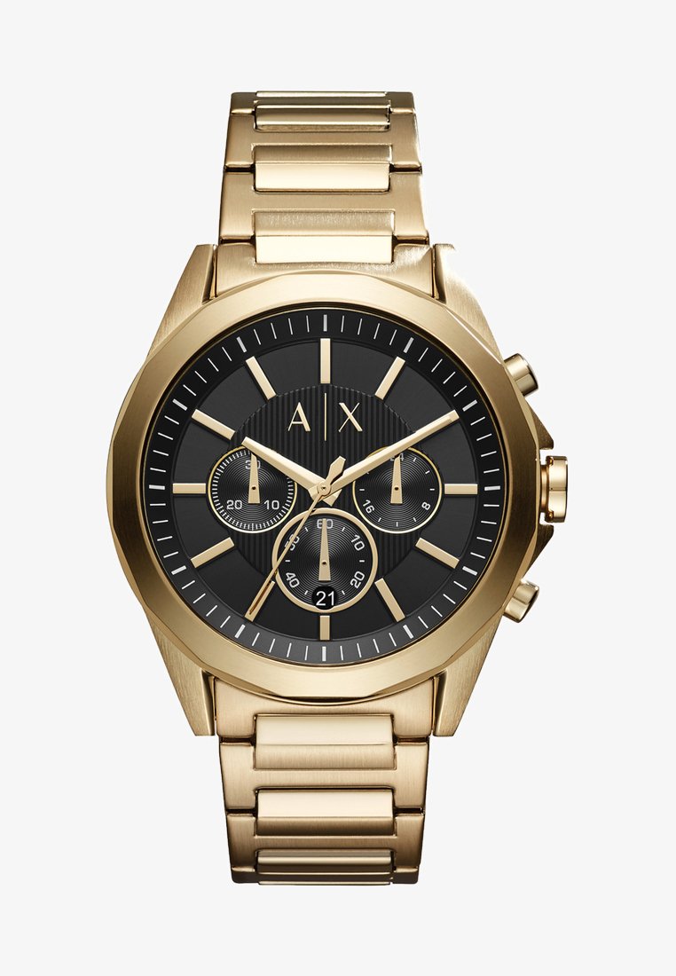 Gold stainless steel watch with a black dial, featuring three subdials, a date display, and large hour markers. Linked metal bracelet style.
