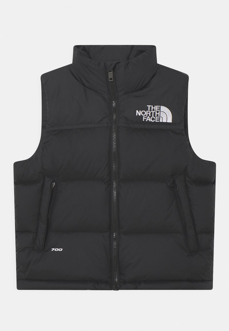 Gilet noir en duvet avec col haut, fermeture intégrale à l'avant, poches latérales et logo brodé en blanc. Doté d'une isolation d'une puissance de remplissage de 700.