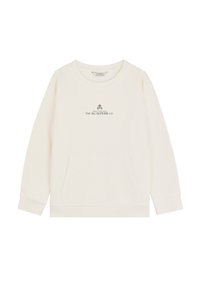 Sudadera con cuello redondo en algodón de color blanco roto, con bolsillo delantero, puños acanalados y un logo verde impreso en el pecho. Textura suave.